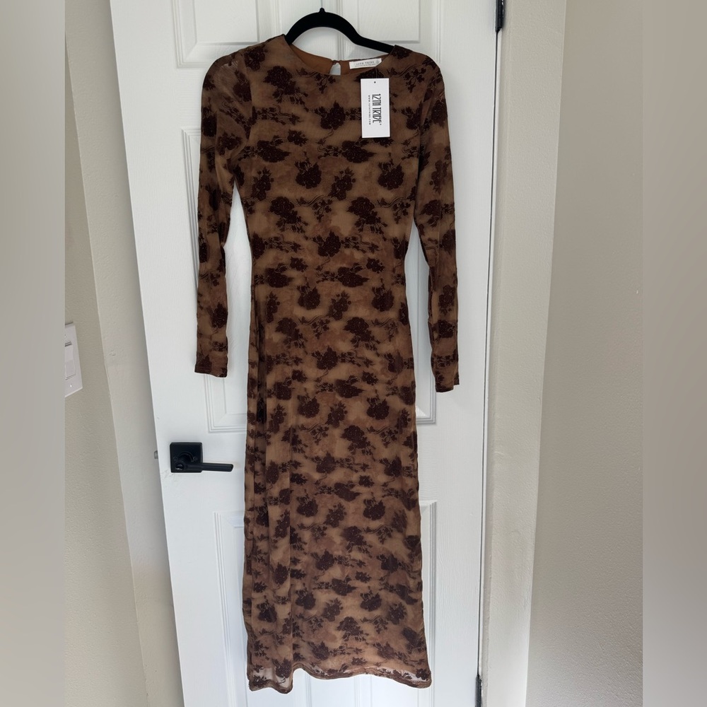 12th Tribe Brown Floral Long Sleeve Dress